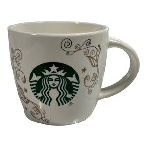 Starbucks Ceramic White 14 oz Coffee Mug Tea Cup Gold Swirl Siren Mermaid
